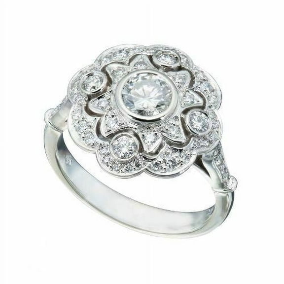 Art Deco Cluster Floral Halo Engagement Ring, Vintage Women's Filigree Wedding Ring, 2.1 Ct Simulated Round Brilliant Cut Diamond, 14K White Gold Plated, Promise Proposal Anniversary Ring