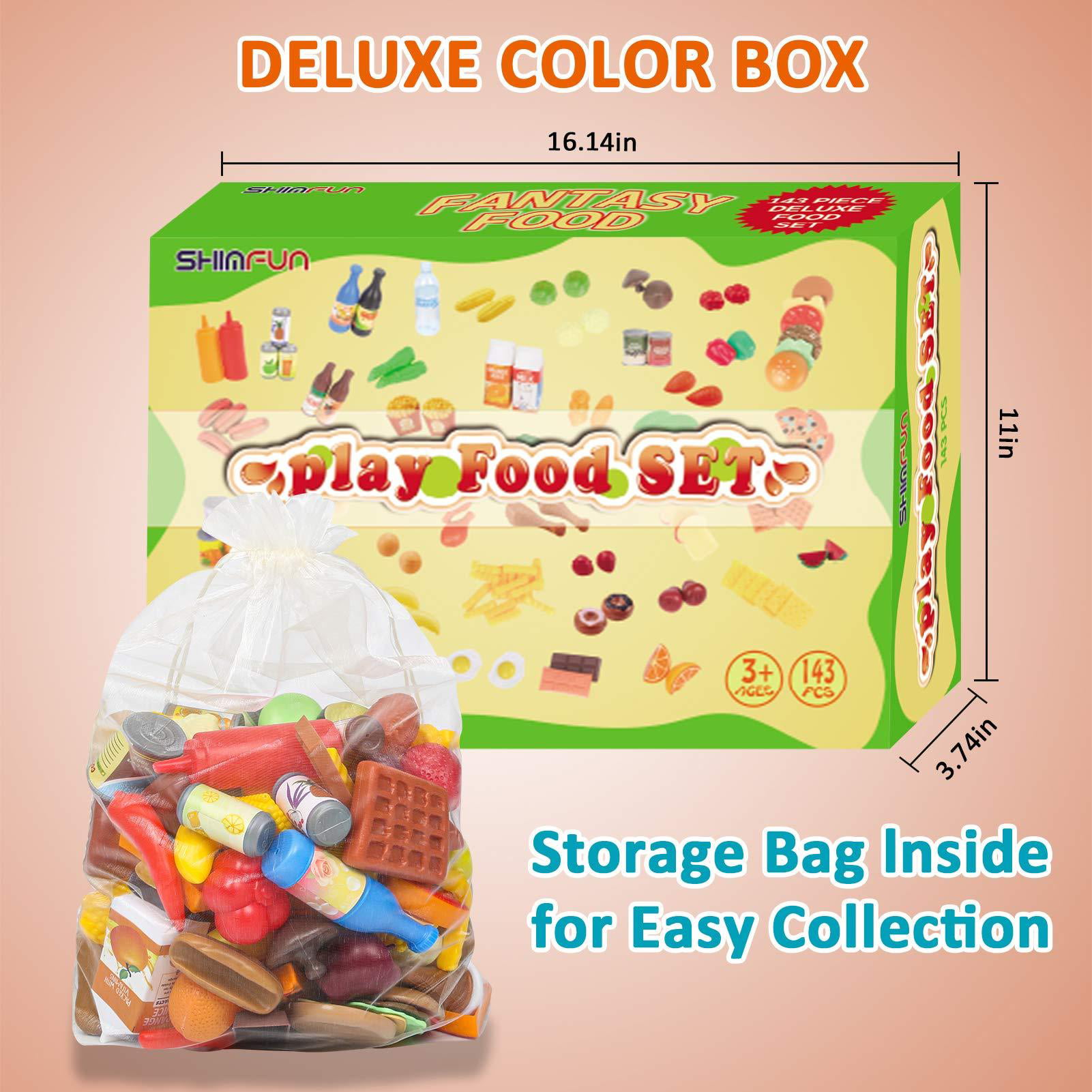 Kitchen Pretend Play Food Toy Set 143pcs Grocery Assortment w/ Bag for Kids Gift 