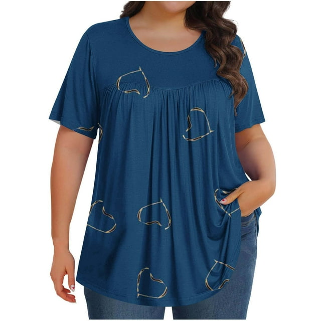 Plebaso Hauts pour Femmes Grande Taille Manches Courtes Blouses Plissées Décontractées Col Rond Été Tuniques Amples