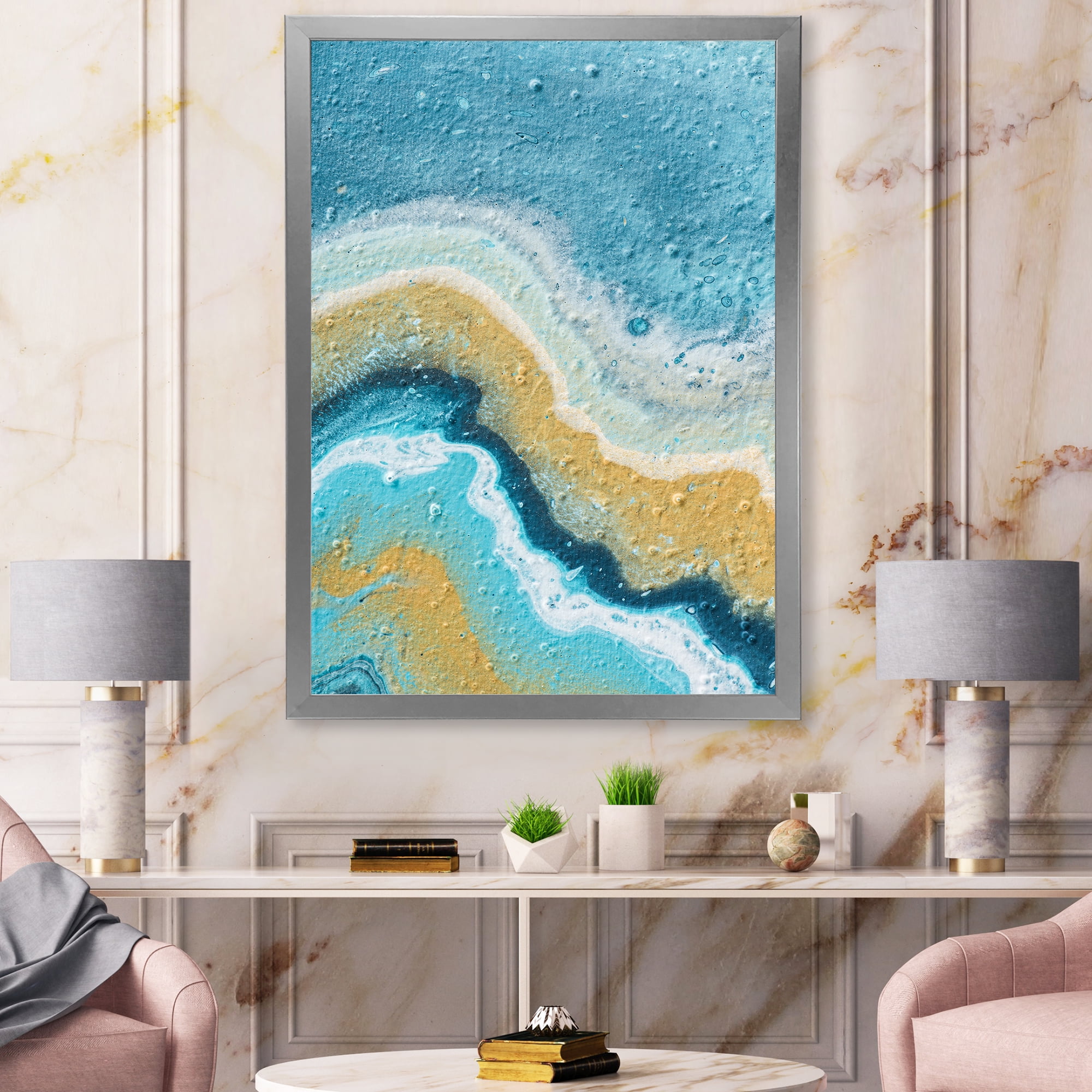 Designart 'Abstract Composition In Blue and Yellow VI' Modern Framed Art Print