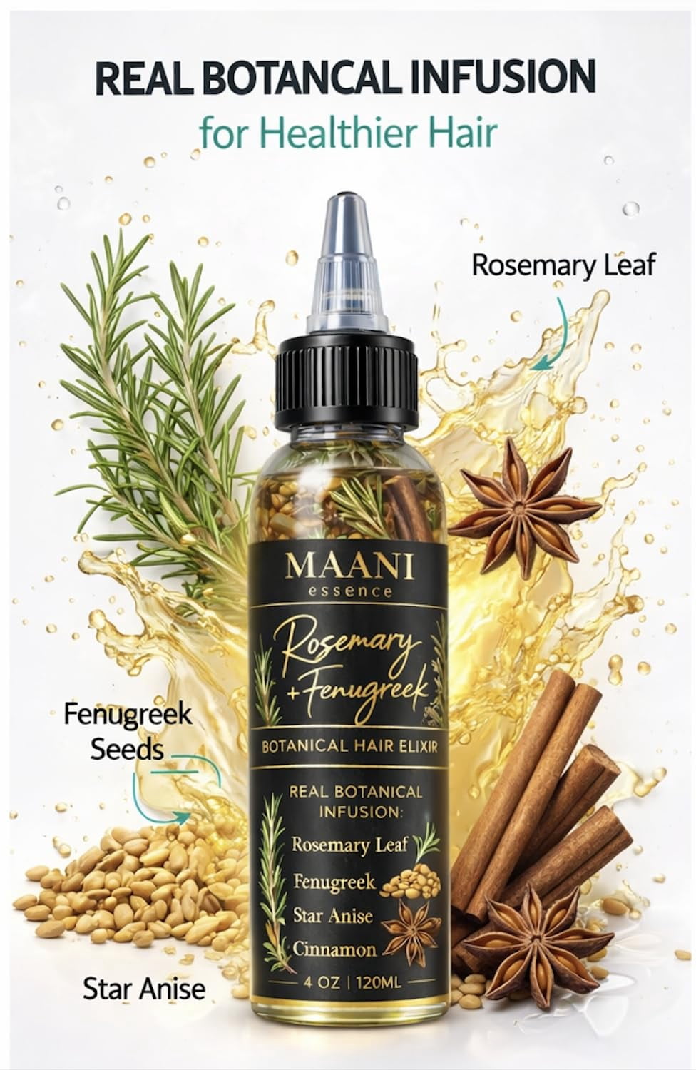 Rosemary & Fenugreek Hair Oil Rapid Hair Growth – with Real Rosemary Leaves, Fenugreek Seeds, Cinnamon & Star Anise – Herbal Hair Growth Infused with Castor Oil 120ML