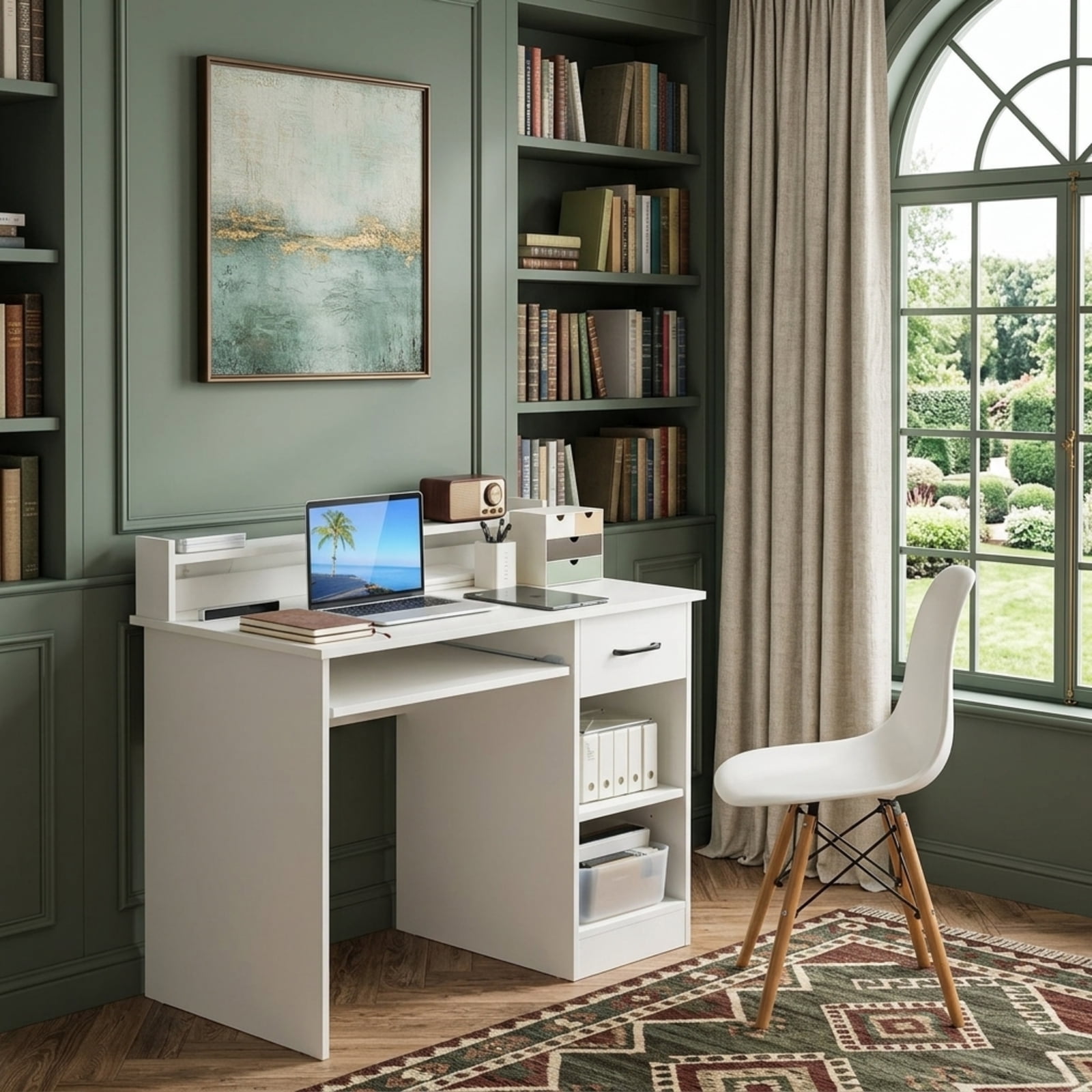 Furnibear Study Laptop Table Computer Desk with Drawer Keyboard Tray and Adjustable Shelf for Home Office Bedroom Study, White