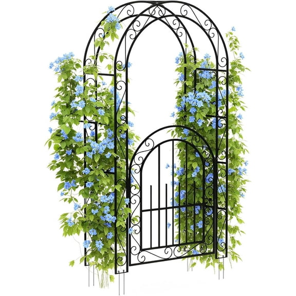 7 FT Elegant Garden Arch Trellis with Gate - Romantic Irons Wedding Arbor for Climbing Roses & Flowers, Decorative Metal Archway for Backyard, Patio or Lawn