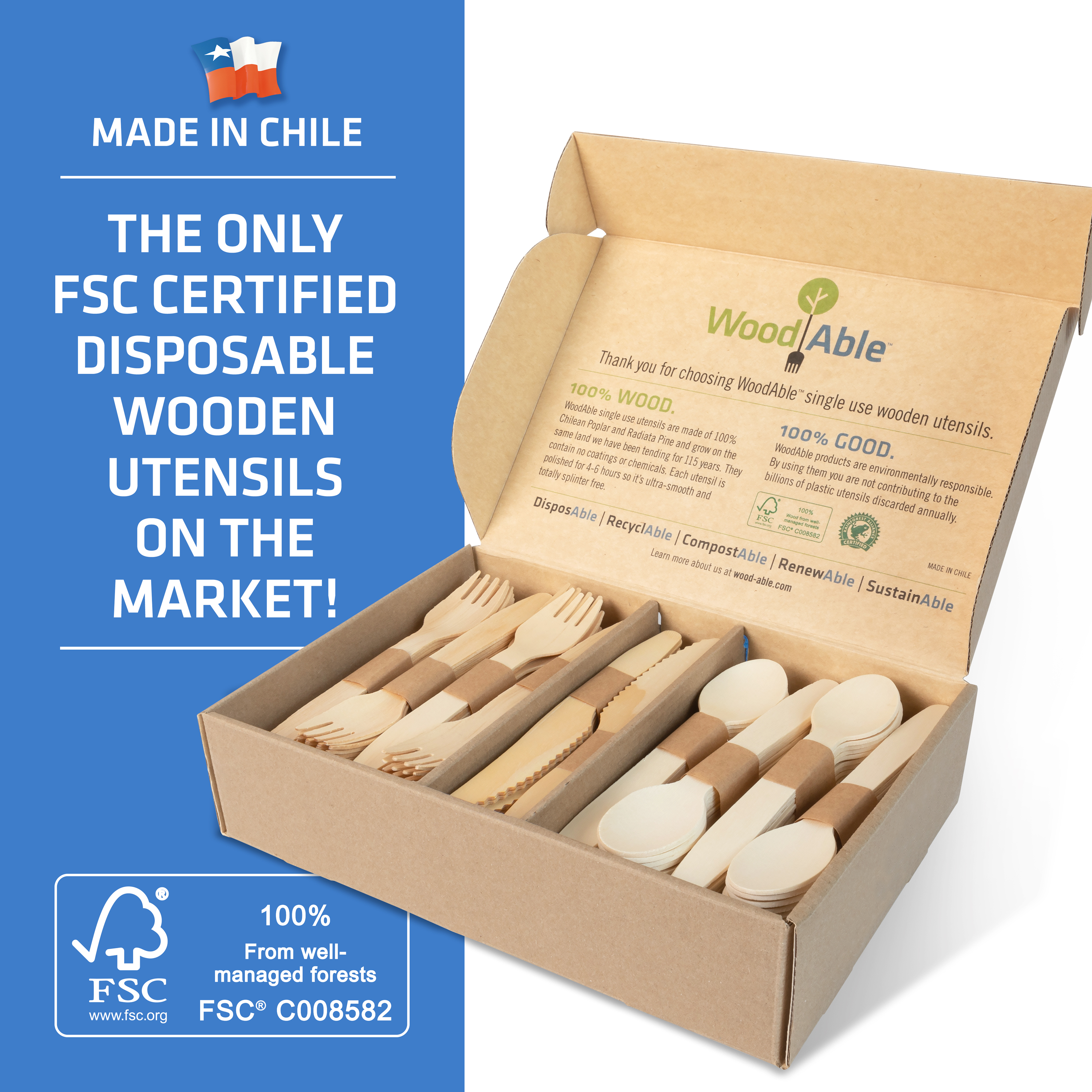 WoodAble Disposable Wooden Forks, Spoons, Knives Set Alternative to