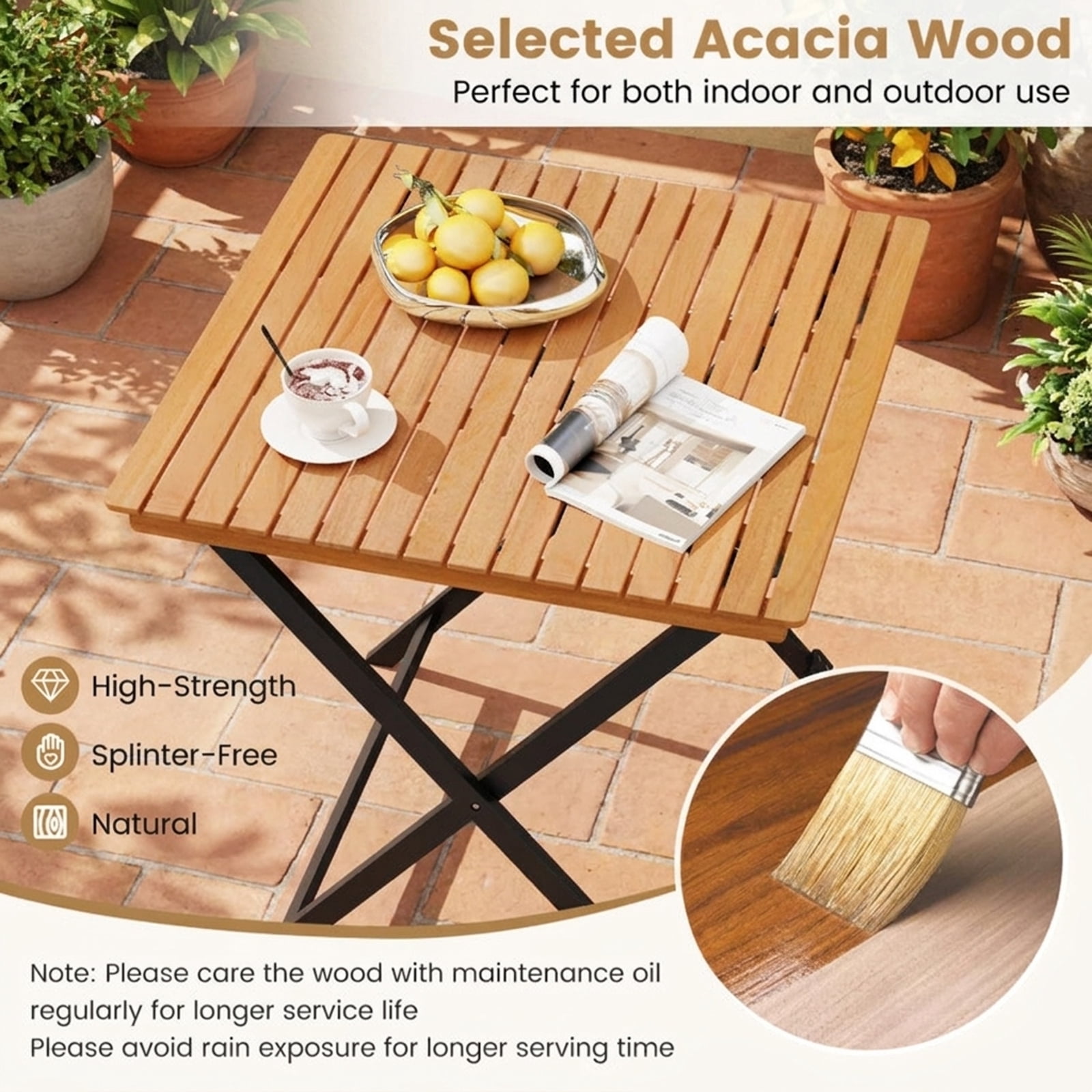 Biotree 28 Inch Folding Square Outdoor Table with Slatted Acacia Wood Top for the Patio Backyard and Porch to Enjoy Meals and Drinks Outside, Black