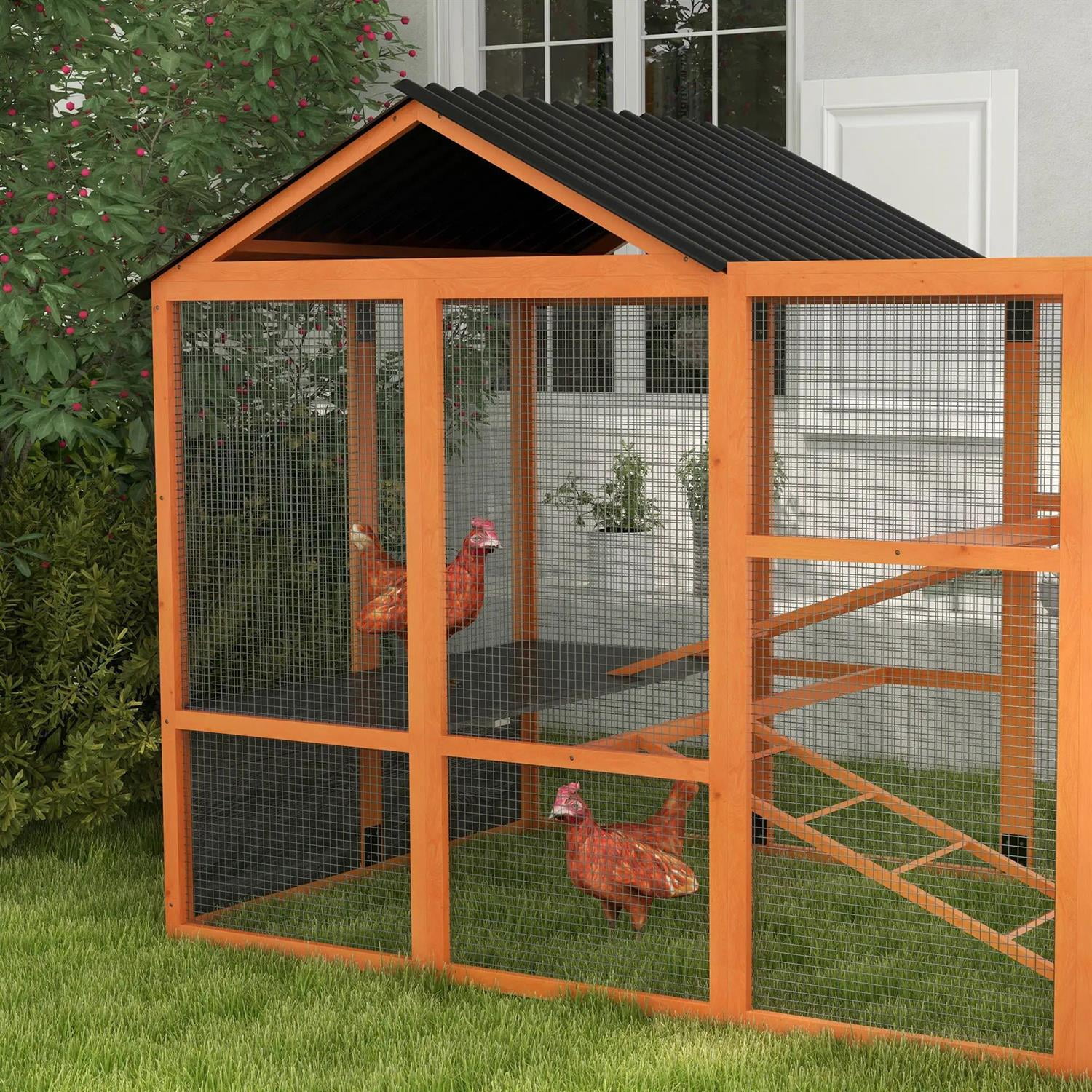 Pefilos 141" Large Chicken Coop Rabbit Hutch, Outdoor Wooden Poultry Cage Hen House Add-On with Storage, Perches for Garden Backyard, Orange