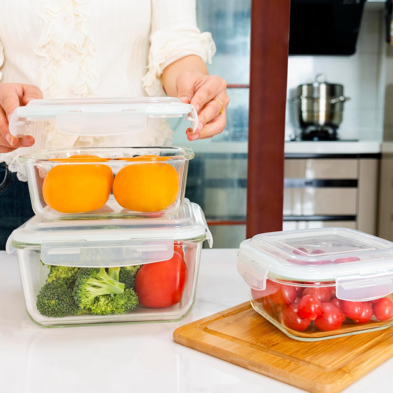 6 PC Square Glass Food Storage Containers with Airtight lids (74, 40 & 27 oz) Kitchen Glass Meal Prep Containers Set for Freezer Reusable Leftover Lunch Boxes, Oven, Microwave, Dishwasher Safe