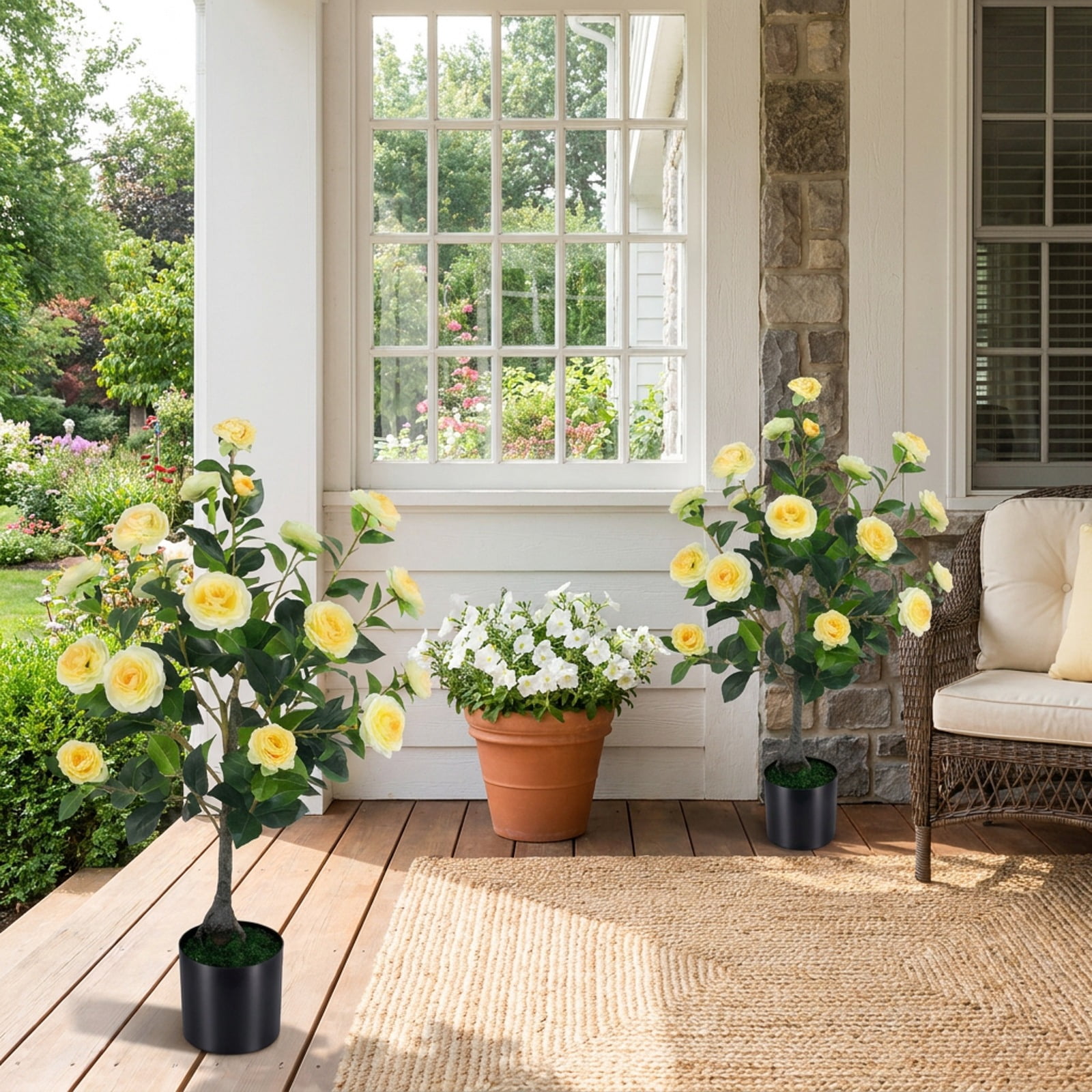 Vebreda Artificial Plant Decor, 2-Pack Artificial Camellia Tree Faux Flower Plant in Cement-Filled Pot, Lifelike & Elegant Design