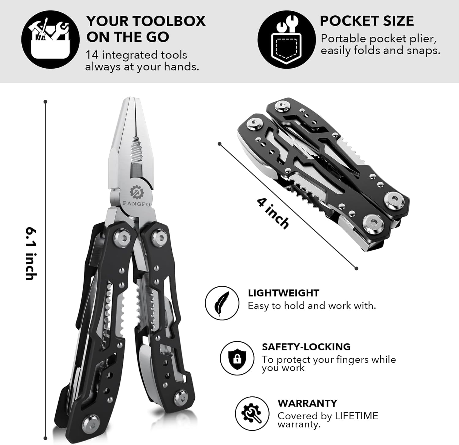 HRTGFD-14-In-1 Multitool with Safety Locking, Professional Stainless Steel Multitool Pliers Pocket Knife, Bottle Opener, Screwdriver with Nylon Sheath Apply to Survival,Camping, Hunting and Hiking 1