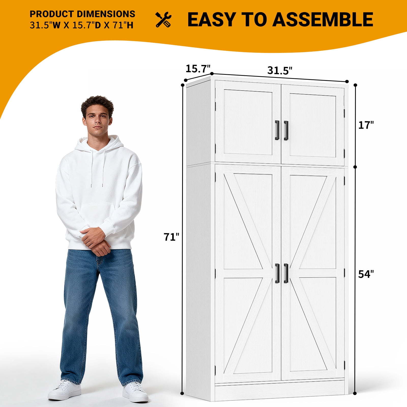 Homieasy 71” Tall Farmhouse Kitchen Pantry Cabinet with Adjustable Shelves and Barn Doors, Versatile Storage Cabinet for Dinning Room, Bathroom, Living Room, White