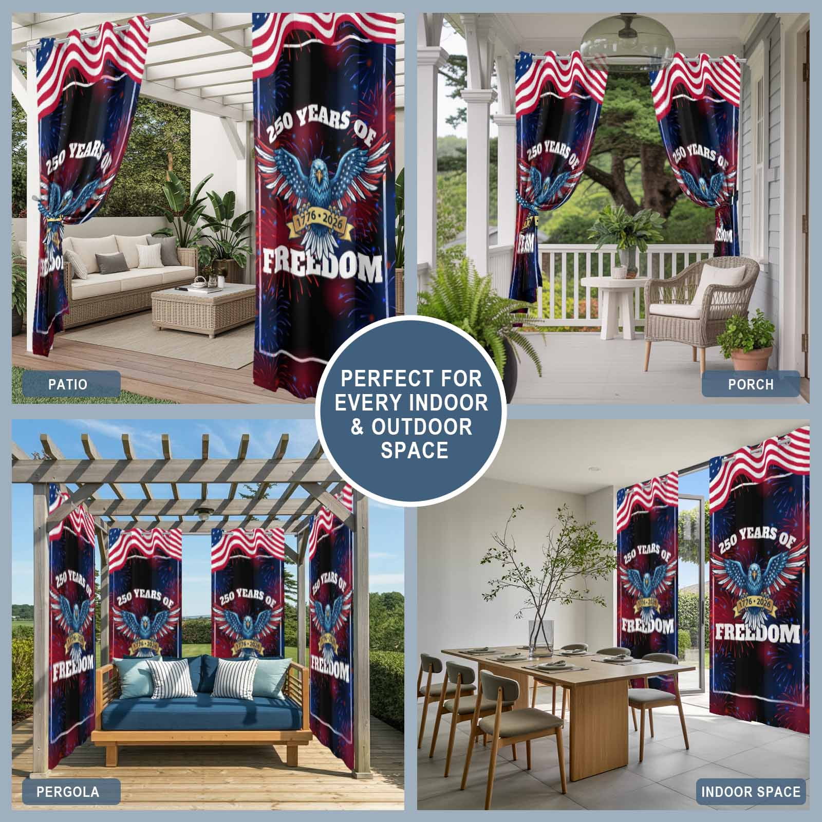 Independence Day Outdoor Curtains for Patio, 250 YEARS OF FREEDOM Cartoon Bald Eagle Sunshade Privacy Drapes Grommet Waterproof Outside Curtains for Porch/Cabana/Balcony 54"x 108", 1 Panel