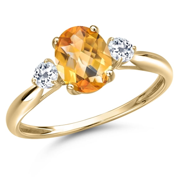 Gem Stone King 10K Yellow Gold Yellow Citrine and White Topaz 3-Stone Ring for Women | 1.53 Cttw | Oval Checkerboard 8X6MM | Gemstone November Birthstone | Size 7