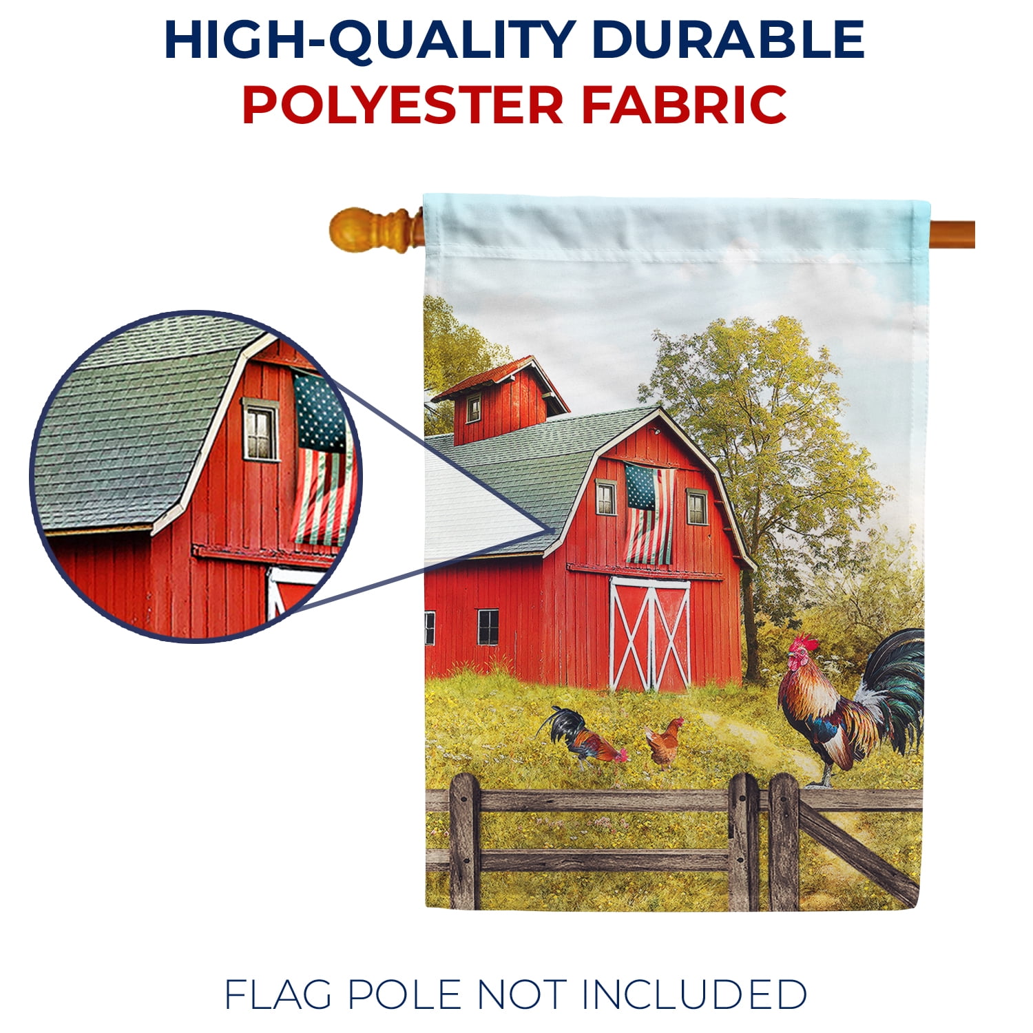 America Forever Summer Patriotic Red Barn Rooster House Flag 28 x 40 inches Fancy Farm Rooster Chicken Farm Bird Double Sided Seasonal Poultry Country Yard Outdoor Decorative Rustic House Flag