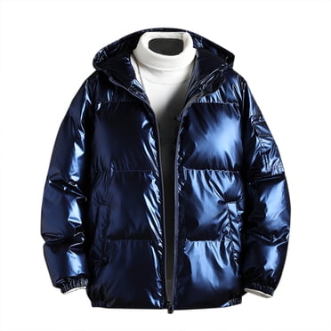 Penkiiy Veste en Duvet pour Hommes à Capuche Réfléchissante Brillante Veste en Coton Vêtements Marine TG Y2K