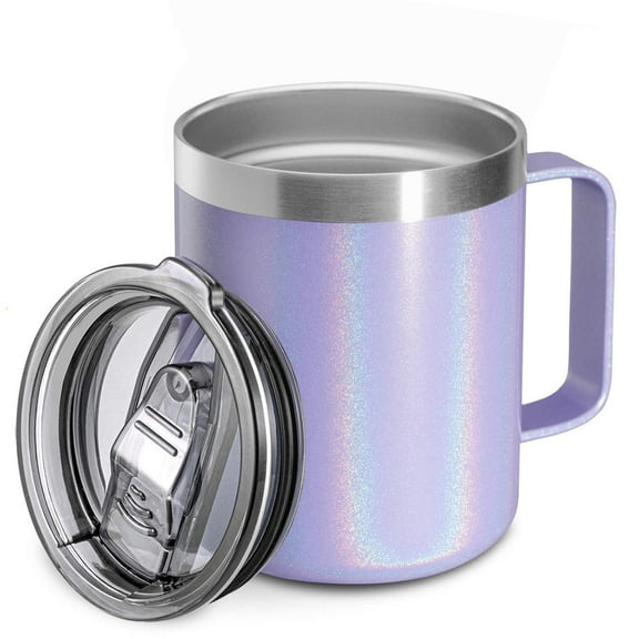 12oz Stainless Steel Insulated Coffee Mug with Handle, Double Wall Vacuum Travel Mug, Tumbler Cup with Sliding Lid, GLITTER LAVENDER