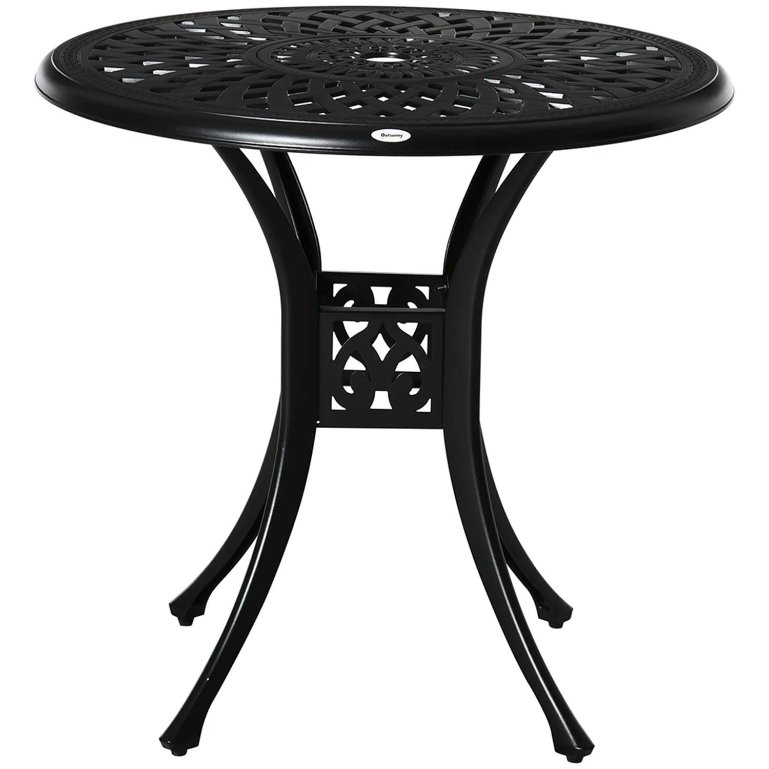 Demi Bonn 30" Outdoor Bistro Tables with Umbrella Hole, Antique Cast Aluminum Round Tempered Glass Metal Table for Backyard, Lawn, Balcony, Porch, Black