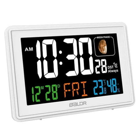 Baldr Atomic Alarm Clock with Large Color Display, Digital Desk Clock - White