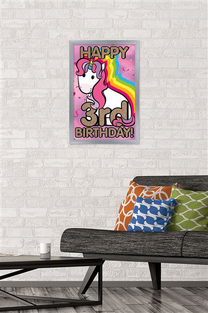 Ellie Ripberger Unicorn - Happy 3rd Birthday Wall Poster, 14.725" x 22.375", Framed