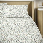 Beautiful by Drew Barrymore 4-Piece Queen Sheet Set, 100% Cotton Washed Percale, White Botanical