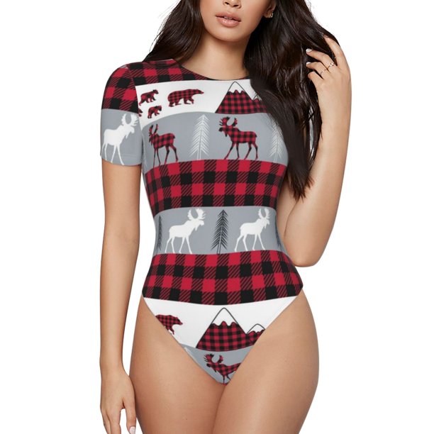 Balery Buffalo Plaid Forest Body de cuello redondo de manga corta para mujer Tops de manga corta Tops básicos-XX-Large