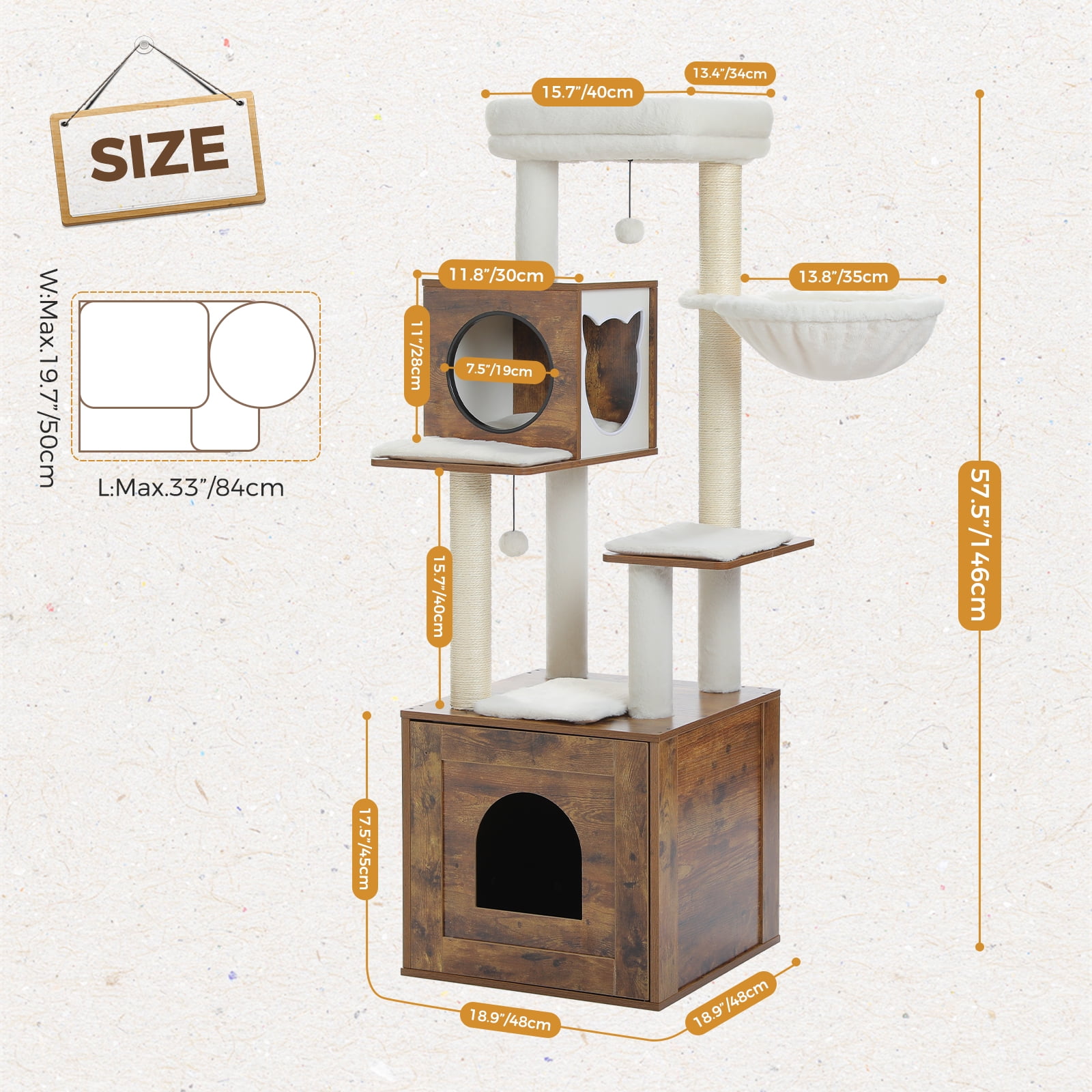 Pefilos 57" Modern Wood Cat Tree for Indoor with Litter Box Enclosure and Cat Condo, Large Cat Tree Tower with Sisal Covered Scratching Post, Brown