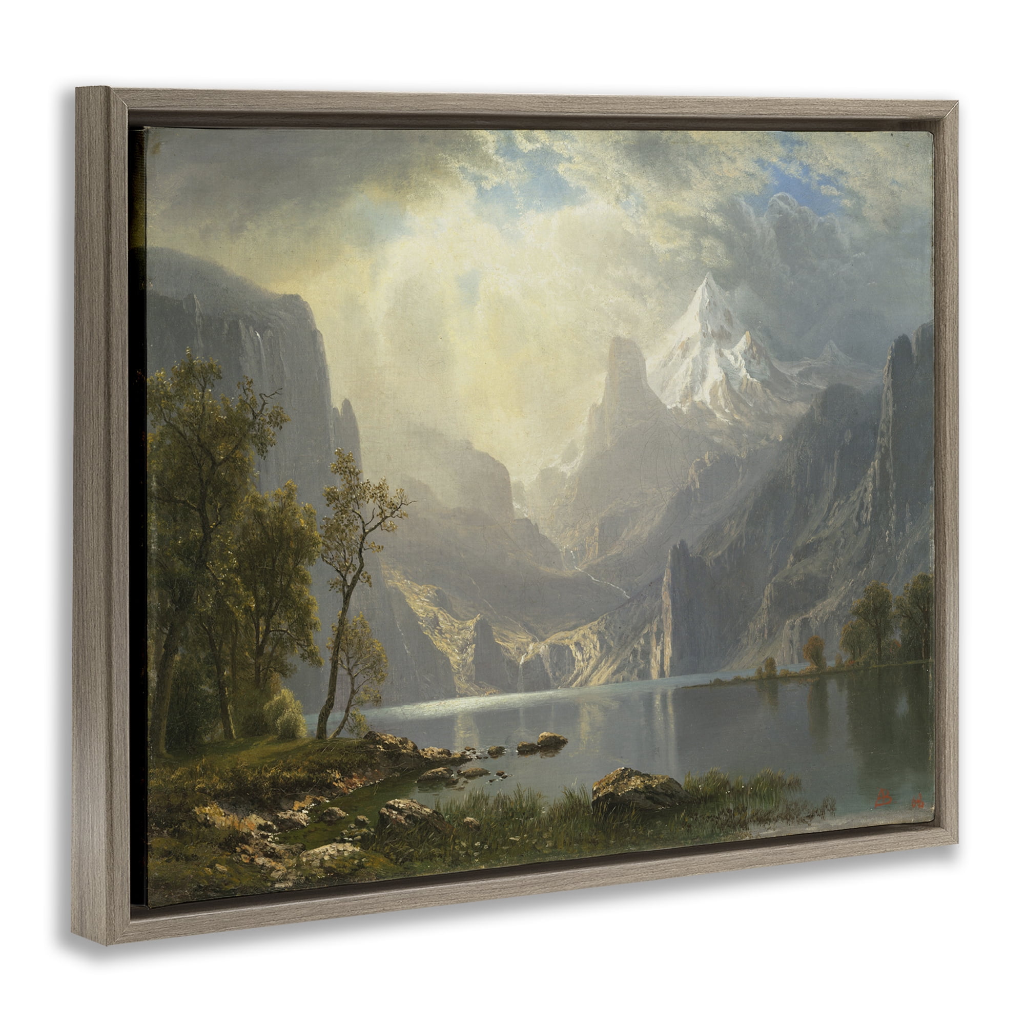 Stupell Industries Classic Bierstadt View on Mountain Landscape & Nature Painting Brown Floater Framed Canvas Art Print Wall Art, 21 x 17