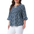 thumbnail image 4 of Agnes Orinda Women's Plus Size Pleated V Neck 3/4 Sleeves Floral Blouse 4X Dark Blue, 4 of 6