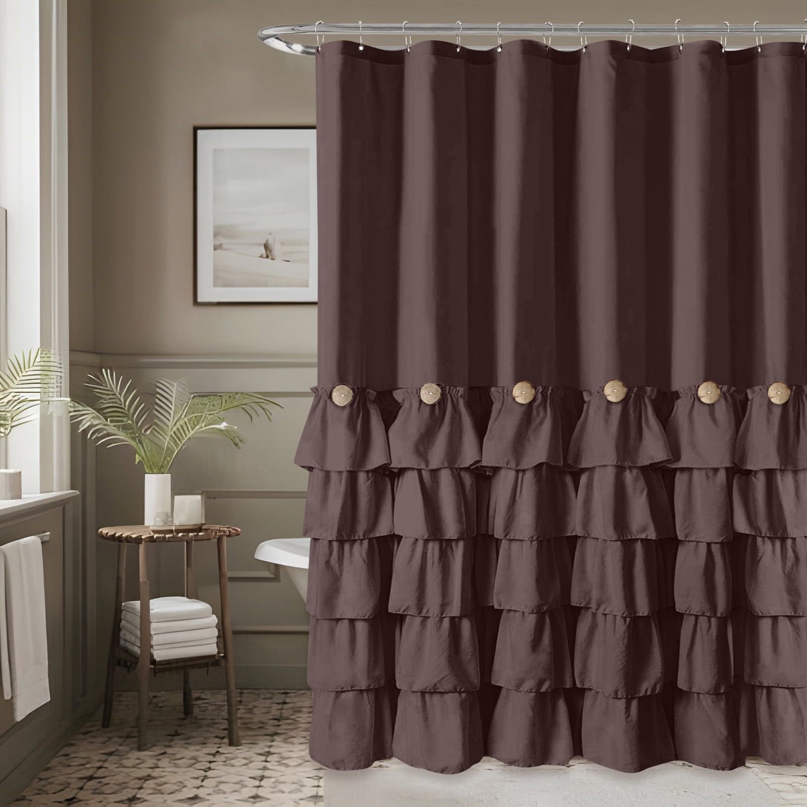 Lipa Farmhouse Ruffle Shower Curtain,Shabby Chic Shower Curtain with 12 Hooks,Brown,72" x 72"
