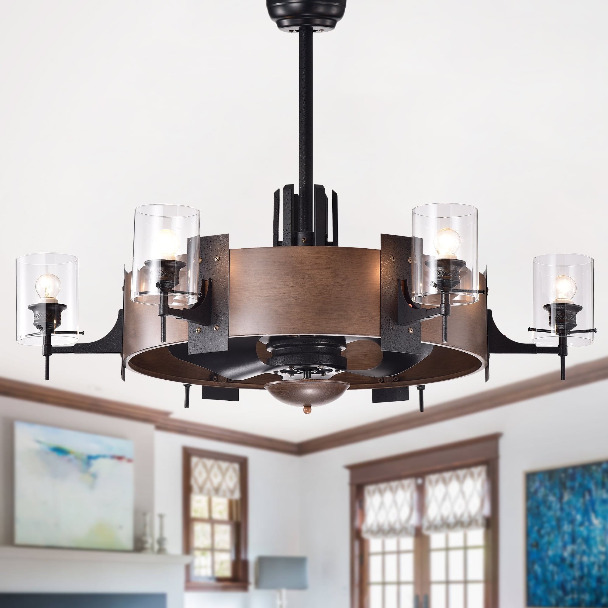 Lodgin Faux-Wood 35-inch 6-light Lighted Ceiling Fan Fandelier with Glass Pillar Lamps Remote Controlled