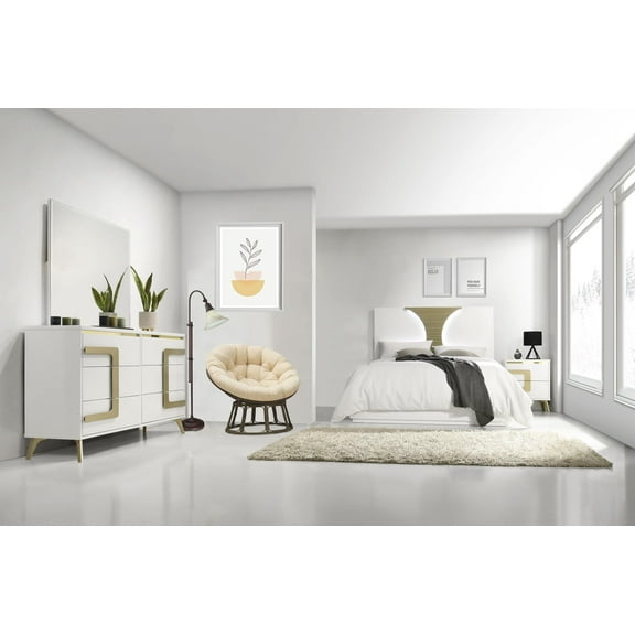 Kings Brand Furniture Claire 4-Piece Modern Bedroom Set in White/Gold Finish - Bed Frame with LED Headboard, Dresser, Mirror and Nightstand (King)
