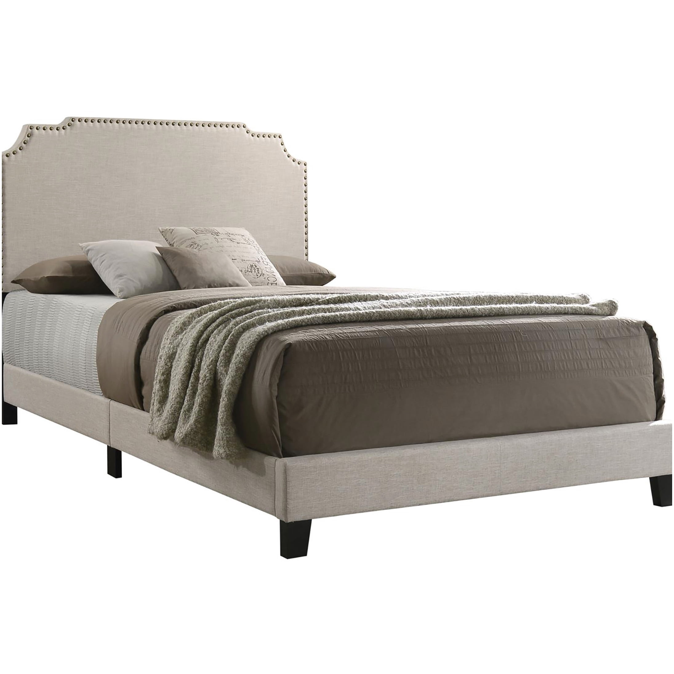 Queen Upholstered Bed Frame with Beige Fabric Headboard and Nailhead Trim for Modern Bedroom