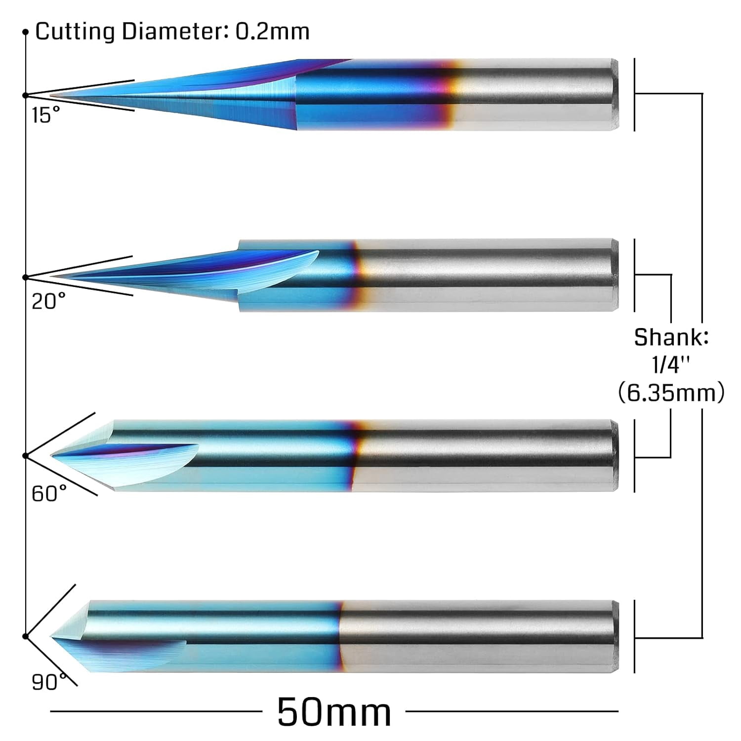 Genmitsu CNC Wood Carving Router Bits Set, 1/4'' Shank, 4 PCS, 15° Detail Carving Liner+ 20° Profile bit+ 60° & 90° V Groove