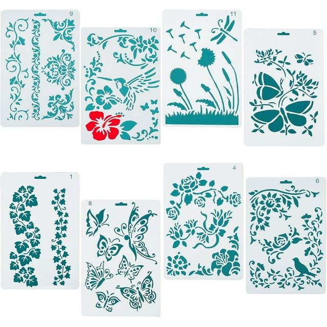 Plantillas de plástico para dibujar y pintar, con 8 estilos: mariposas, flores, pájaros, hiedra y plantas.