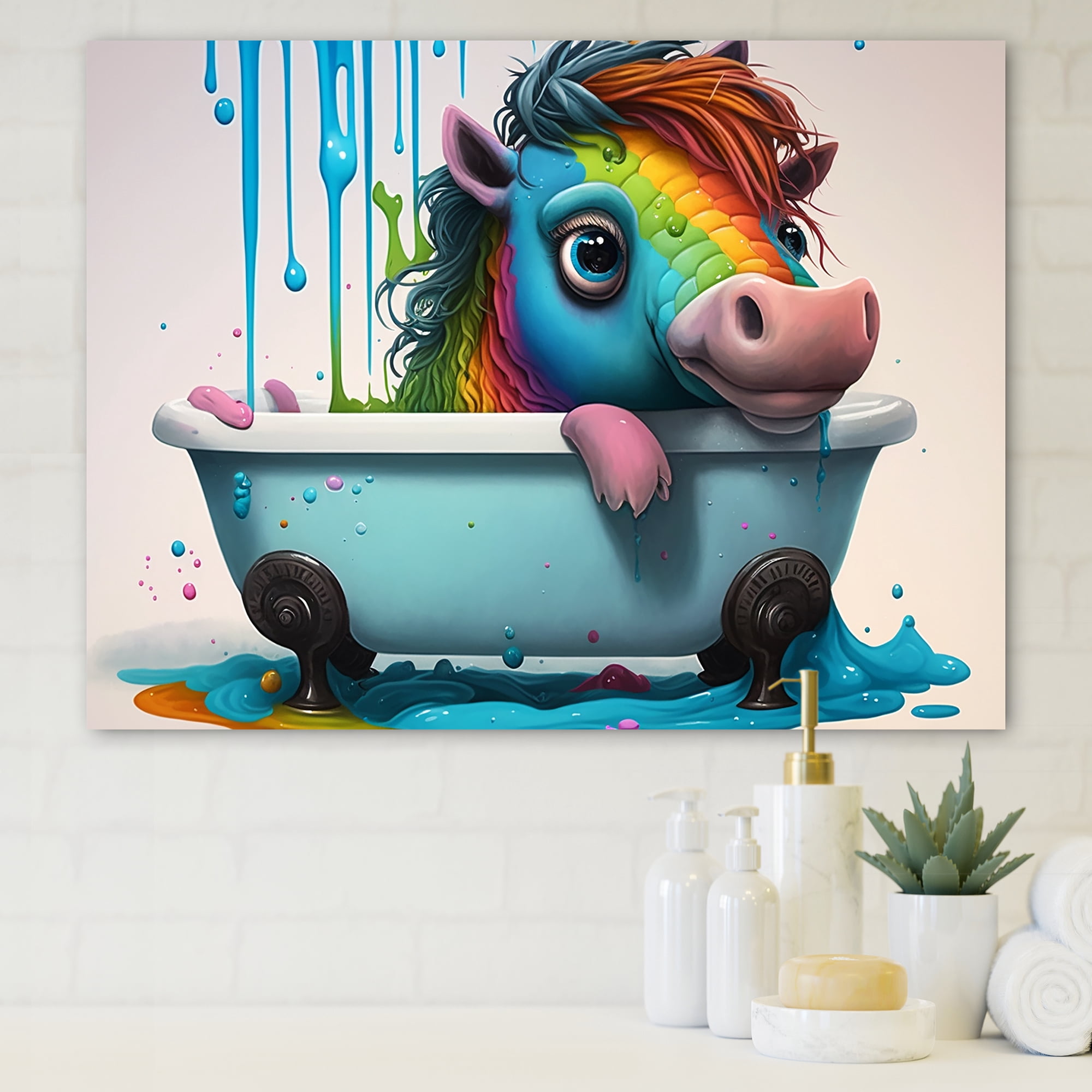 Designart Funny Rainbow Horse Splashing In The Tub II Canvas Wall Art