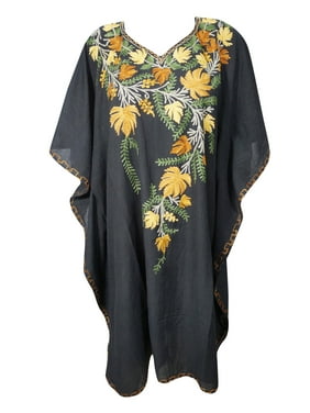 Mogul Women Floral Short Caftan Black Embellished Bikini Cover Up Resort Style Tunic Dress Kaftan One Size