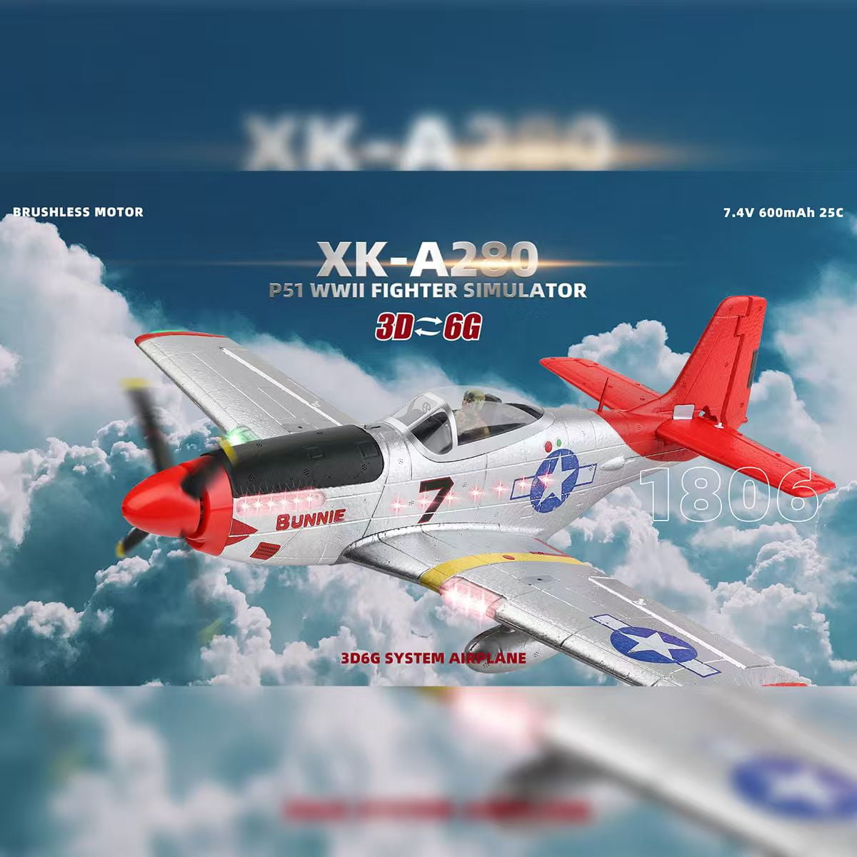 XK A280 P-51 RC Airplane for Adults, 560mm Wingspan 4CH 2.4GHz Brushless Fixed Wing Plane, 3D/6G Gyro Stabilization, EPP Foam Aircraft Model RTF with LED Night Flight & Anti-Loss System