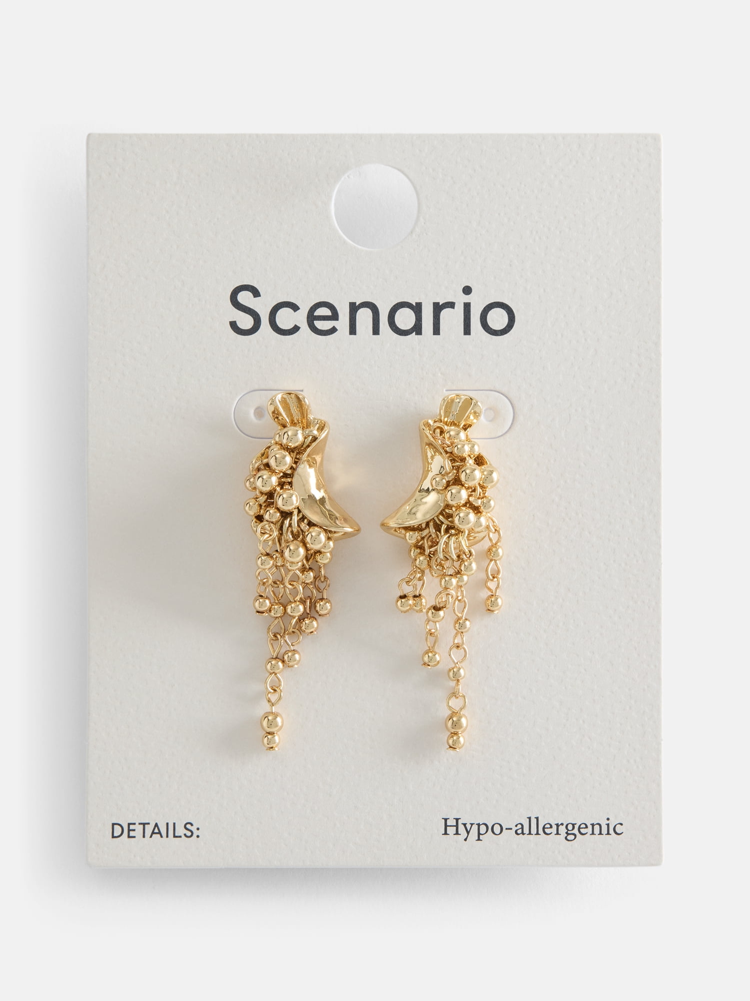Scenario Women's Gold-Tone Textured Crescent Metal Beaded Fringe Drop Earrings