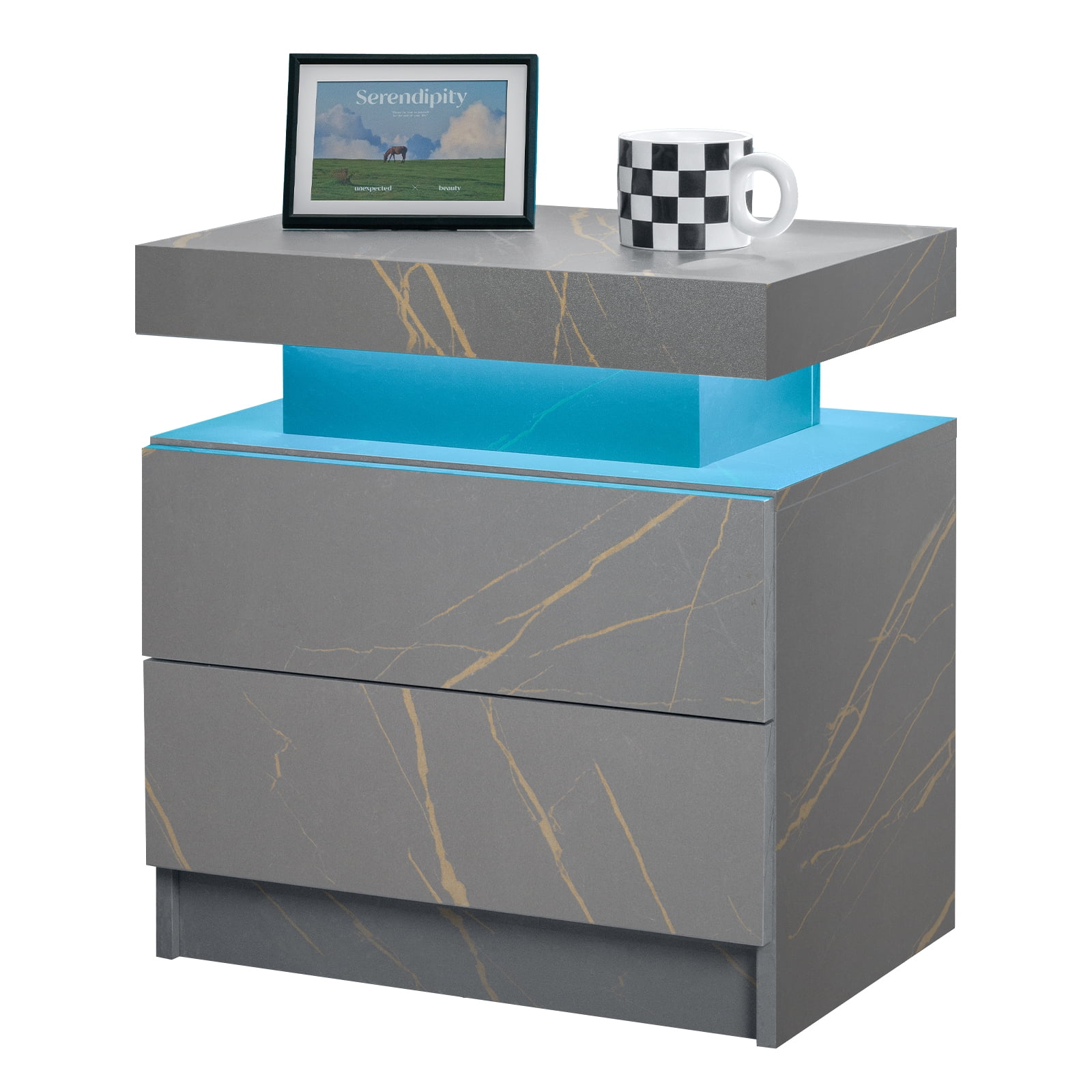 Leumius 2 Drawer Modern Nightstand with LED Light Small Bedside Tables End Side for Bedroom,Grey+Gold