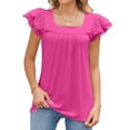 thumbnail image 1 of Top de manga corta para mujer, camisa informal de manga corta con pétalos de doble capa y retazos de encaje de Color puro para verano, rosa, rojo, XXL, 1 of 8