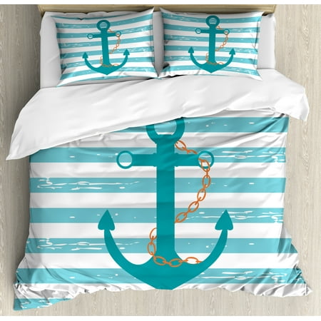 Teal Duvet Cover Teal Queen Size Duvet Cover Set, Ship Anchor Chain Marine Life Inspired with Lined Background Ocean Sailing, Decorative 3 Piece Bedding Set with 2 Pillow Shams, Teal Turquoise White, by Ambesonne ()