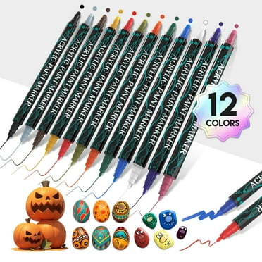 Acrylic Paint Markers, 12 Colors Dual Tip Acrylic Paint Pens for Wood, Canvas, Stone, Rock Painting, Glass, Ceramic Surfaces, DIY Crafts Making, 12 Dual Tip Acrylic Markers