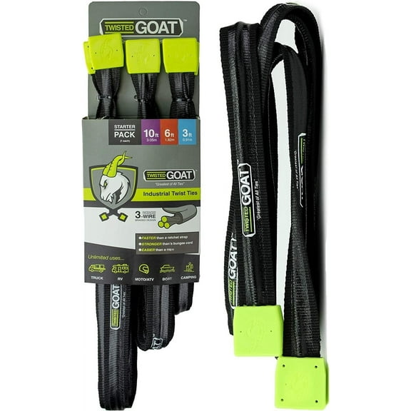 Twisted Goat Industrial Twist Ties, Heavy Duty Reusable, Flexible Ties, Starter Pack, 1 3ft; 1 6ft; 1 10ft