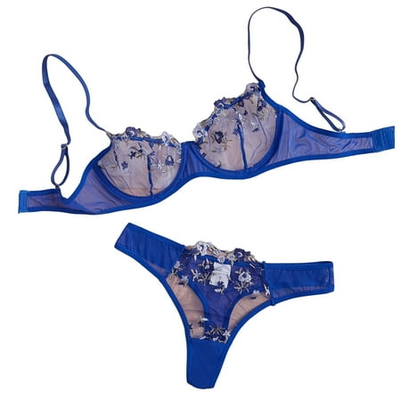 Blue Large Low Waist Lace Christmas Lingerie for Women Flower Embroidery Fun Underwear Pin Up Lingerie for Women Plus Size Sweet Women s Bra Set