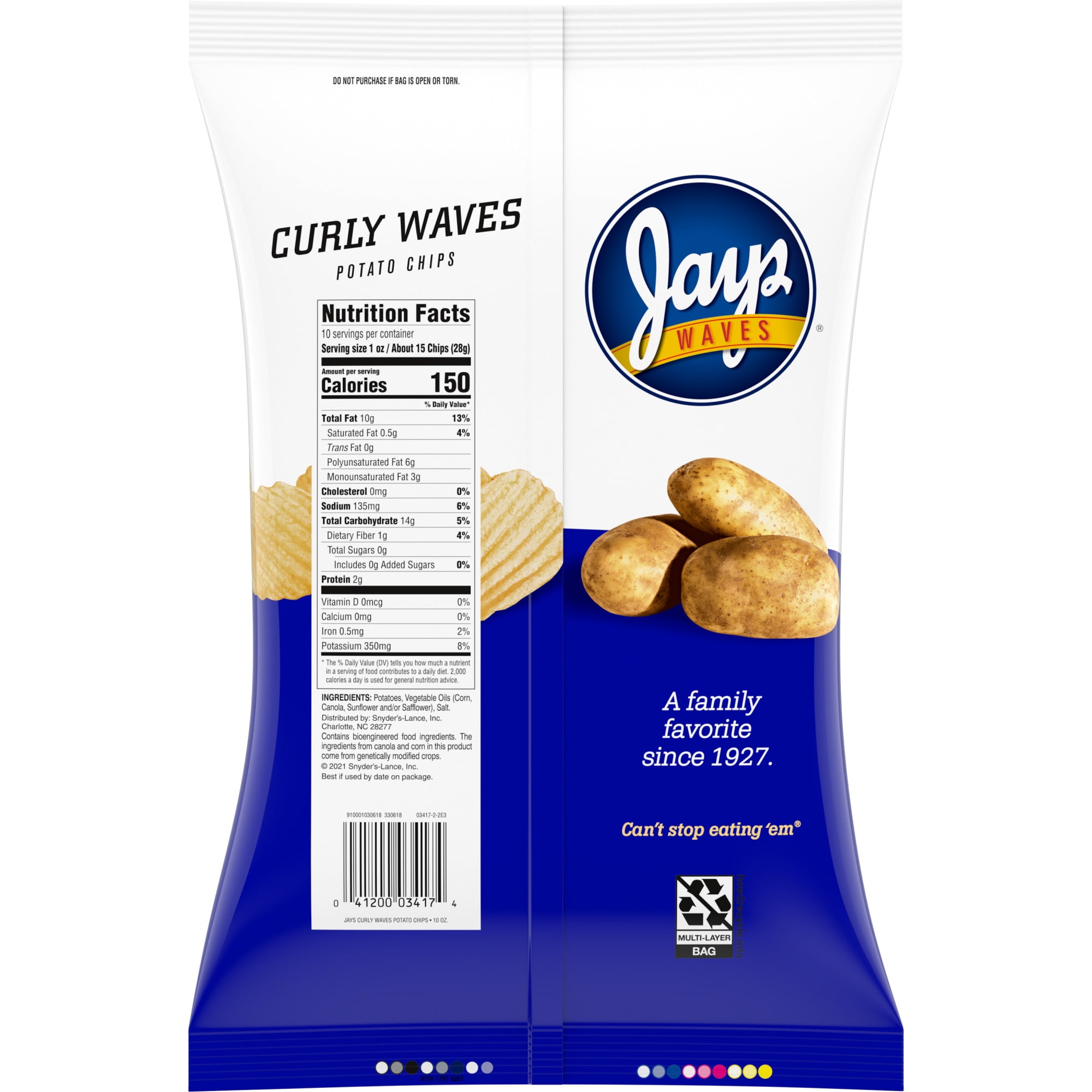 (2 pack) Jays Potato Chips, Curly Waves, 10 oz Bag