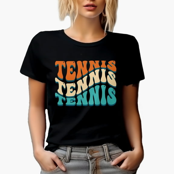 Tennis, Sports or Athlete Themed, Groovy Retro Wavy Text Merch Gift, Black T-Shirt, Small