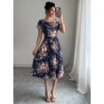 thumbnail image 5 of Navy Blue Floral Pleated Midi Dress With Short Sleeve Crew Neck And Tie Waist, 5 of 6