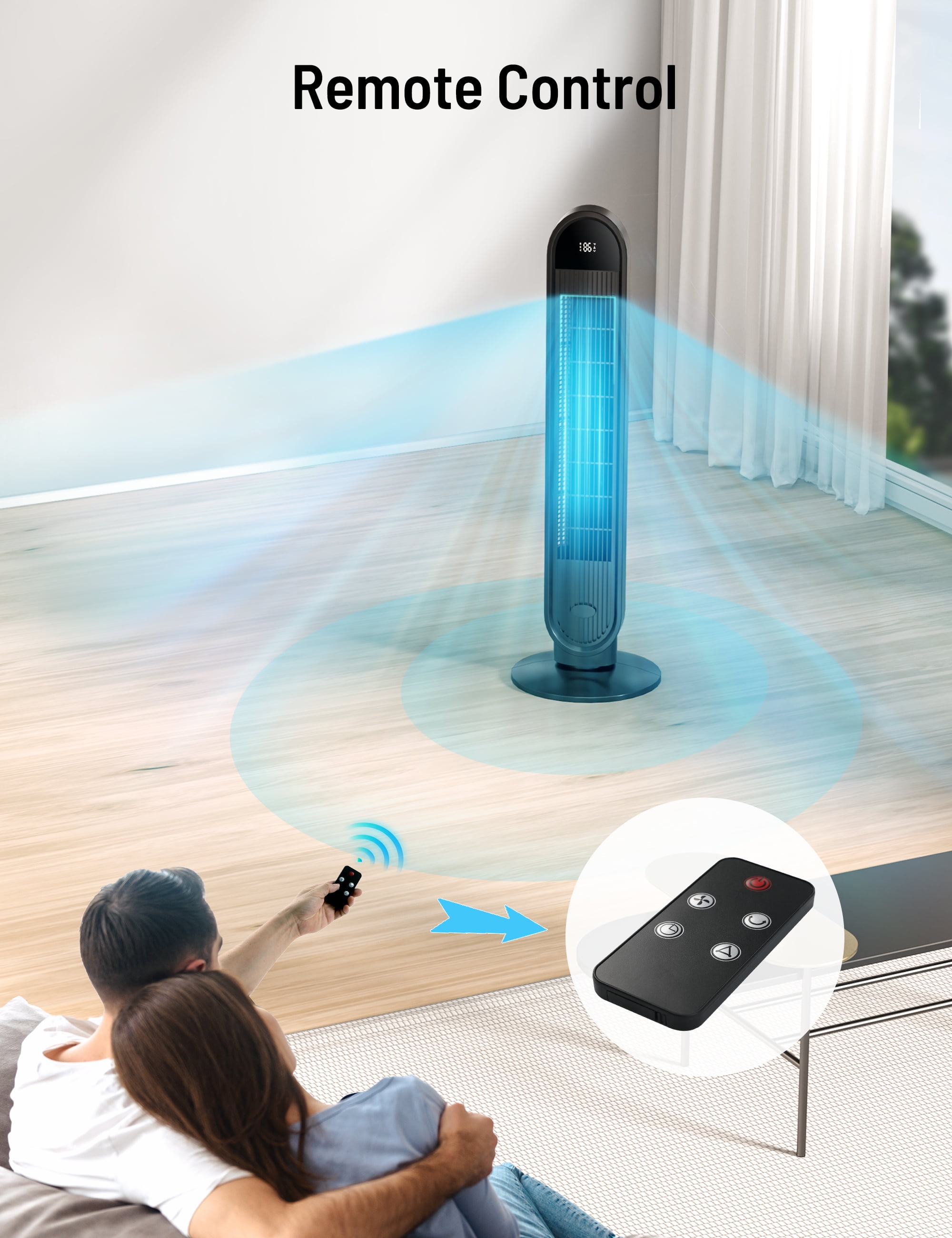 Tower Fan, 38” Oscillating Tower Fan with Remote, LED Display Cooling Tower Fan, Air Conditioner Bladeless Fan for Bedroom, Living Room, Offices & Kitchen