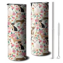 20oz Chihuahua and Flower Skinny Tumblers Stainless Steel Tumbler with Lid and Straw,Vacuum Insulated Double Wall Travel Tumbler Cups with Cleaning Brush for Coffee,Tea