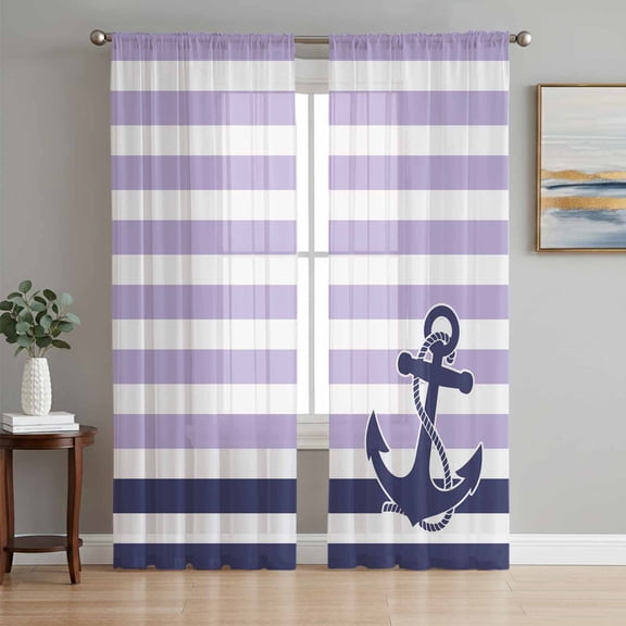 Anchor Purple Semi Sheer Curtains 72 Inch Length 2 Panels Set, Modern Navy Blue White Striped Nautical Sheer Kitchen Curtain Privacy Voile Window Curtain for Living Room Bedroom Rod Pocket Drapes