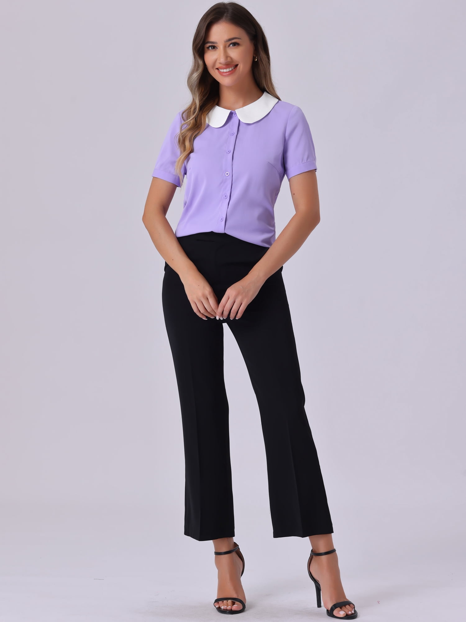 DARING DIVA Women's Contrast Collar Button Down Chiffon Blouse L Light Purple